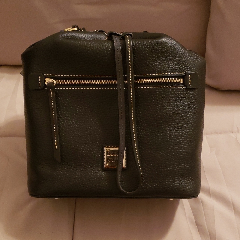 Dooney and Bourke Pebbled Leather Drawstring Bucket Bag NWT Black/Black Trim